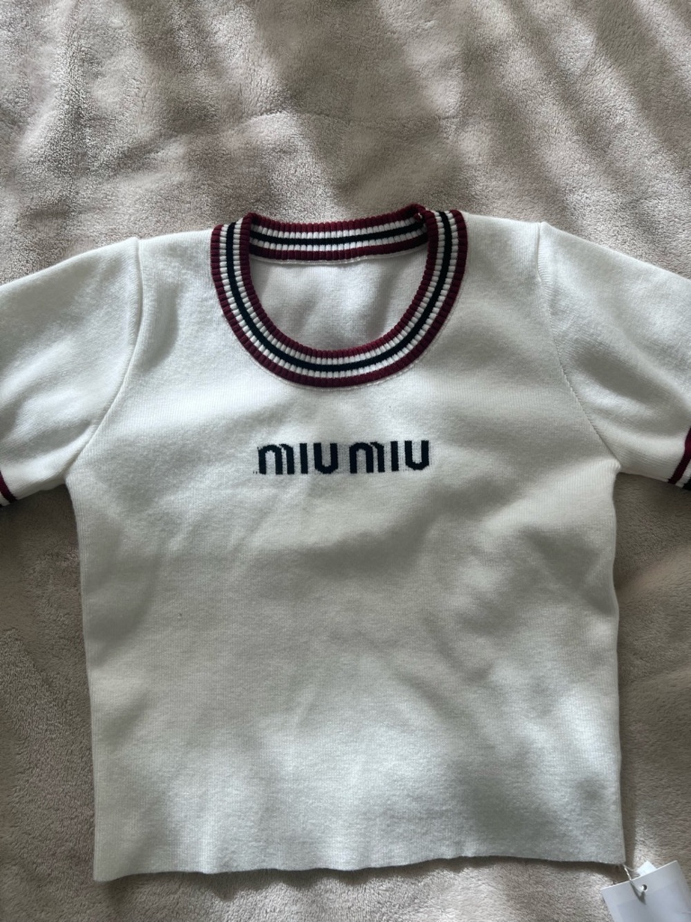 Miu Miu White Short-Sleeve Knit Tee with Burgundy & Navy Trim